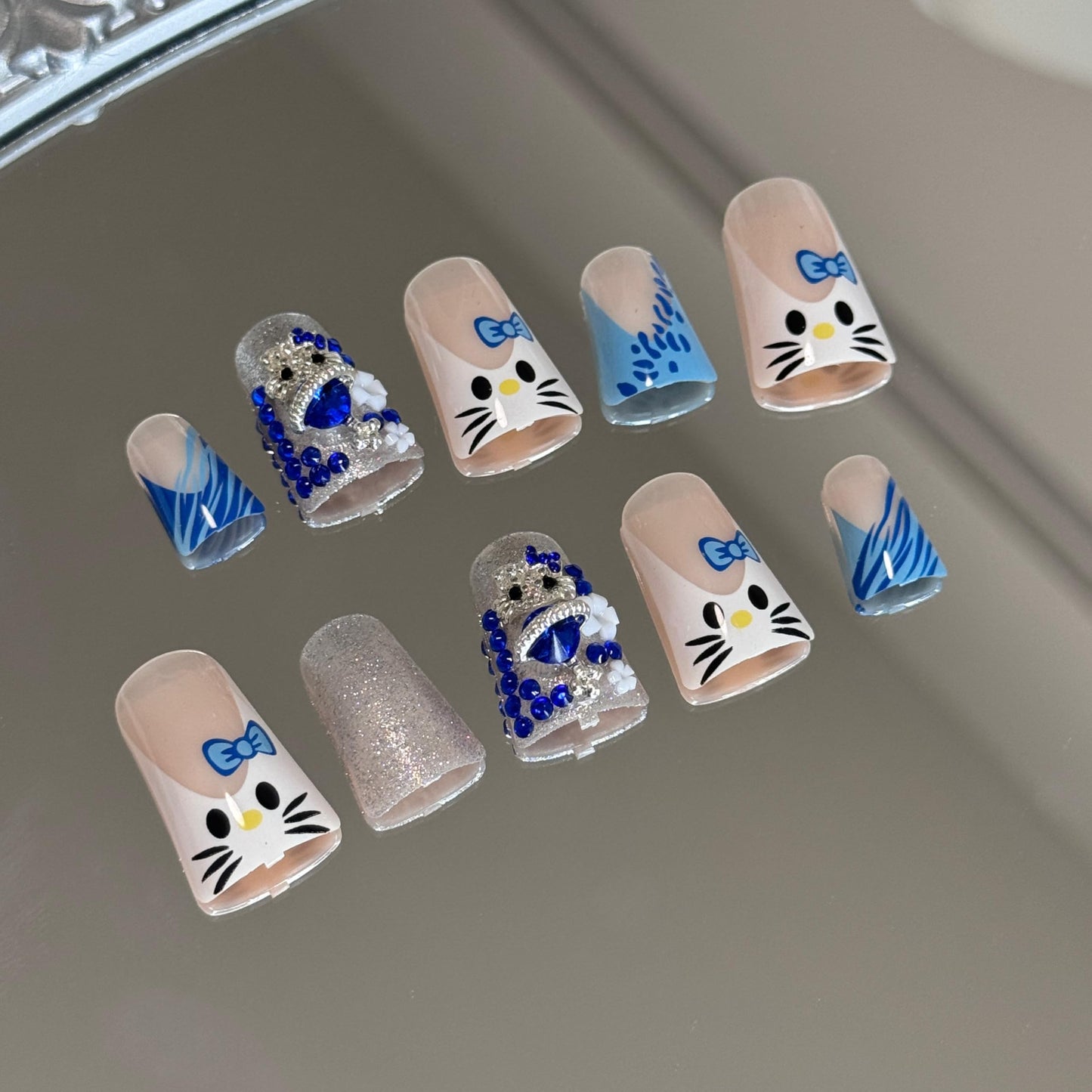 24 Pcs Duck Nails Press on Blue French Press on Nails Fake Nails Y2k Duck Nails Press on Duck Nails Y2k Nails Press Ons Duck Blue Cat Pattern Designs Zebra Print