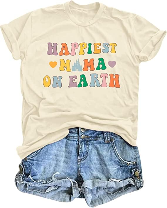 Womens Mom Shirts Happiest Mama on Earth Letter Print Tshirts Cute Magic Castle Travel Graphic Tees Apricot XL