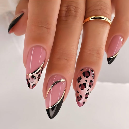 Almond Press on Nails Short Leopard False Nails with Gold Line Leopard Print Design Glue on Nails Brown Leopard Print Fake Nails Glossy Black French Tips Acrylic Artificial False Nails for Women 24Pcs