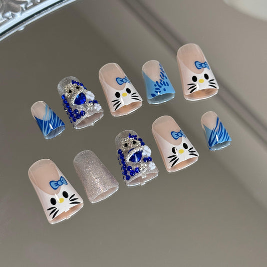 24 Pcs Duck Nails Press on Blue French Press on Nails Fake Nails Y2k Duck Nails Press on Duck Nails Y2k Nails Press Ons Duck Blue Cat Pattern Designs Zebra Print