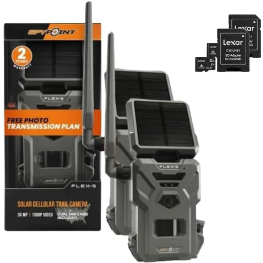 SPYPOINT Flex-S Solar Cellular Hunting Trail Camera (2pk) Integrated Solar Panel On-Demand Capable LTE Connectivity 100-foot Flash/Detection Range Internal Battery + Two SD Cards
